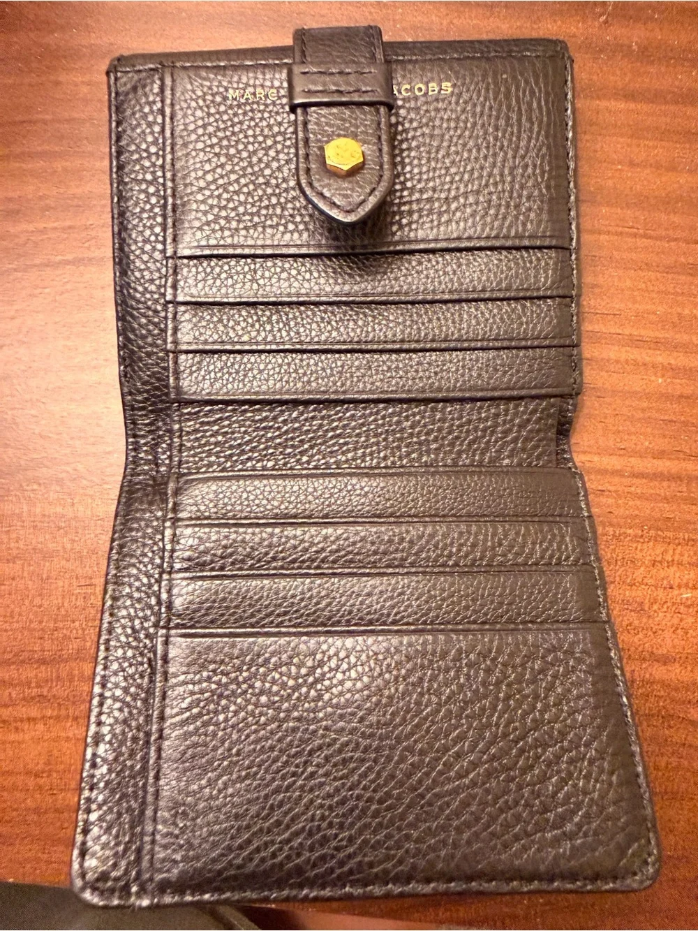 Marc by Marc Jacobs Black Leather Trifold Wallet with Gold Plaque